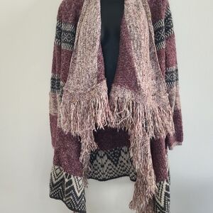 Knox Rose Maroon and Beige Cardigan with Fringe